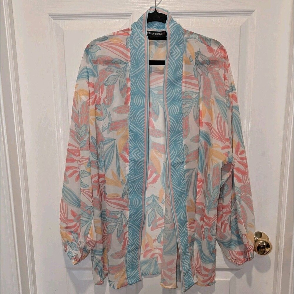 Coastal Tropical Resort Boho Cover Up Colleen Lopez Sheer Blue Coral Kimono
